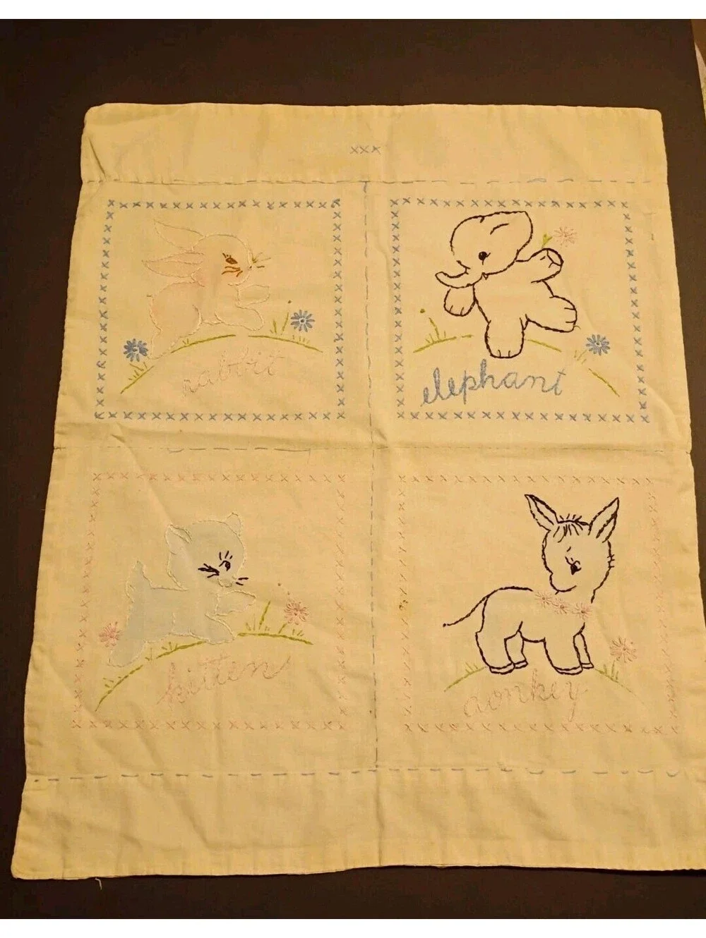 Vintage 50s Handmade Embroidered Baby Doll Quilt Blanket 20.5x16
